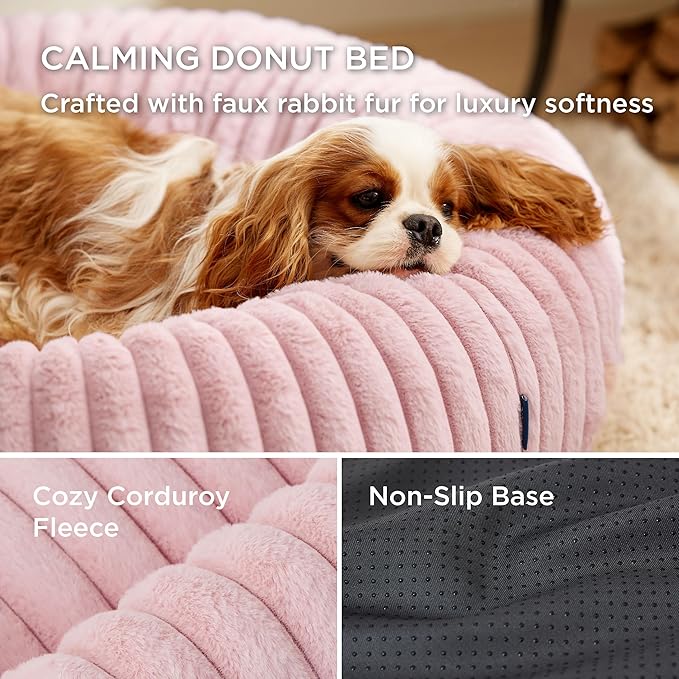 Bedsure ComfyFleece Donut Medium Dog Bed - Washable Faux Fur with Corduroy Fleece & Anti Slip Bottom, Round Pet Bed with Removable Cover, Blush Pink, 30x30x8 inches