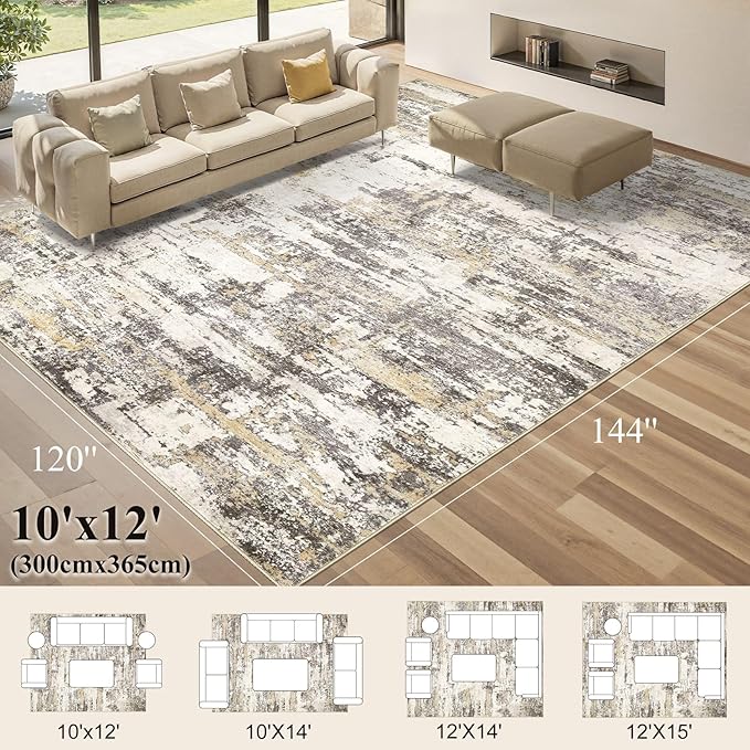 Area Rugs for Living Room: Abstract Washable Rug Modern Neutral Large Soft Stain Resistant Non-Slip Backing Machine Table for Bedroom Dining Room Indoor Home Office Carpet - 10x12 Gold Brown