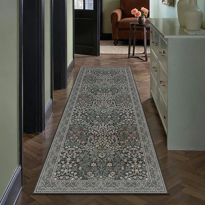 HUGEAR Vintage Floral 2x6 Machine Washable Runner Rugs Black Green Hallway Rug Retro Neutral Stain Resistant Non Slip Low Pile Throw Carpet for Bedroom Kitchen Aesthetic Modern Decor