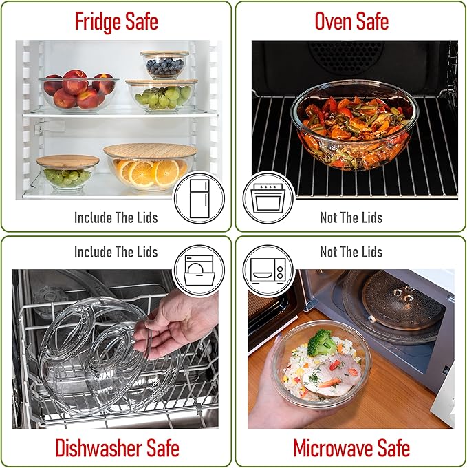Stackable Space-Saving Set of 5 Nesting Glass Bowls with Bamboo Lids for Foodprep, Storage, Baking, Mixing & Cooking, Microwave & Oven Safe BPA Free Heat Resistant Inert Borosilicate Glass