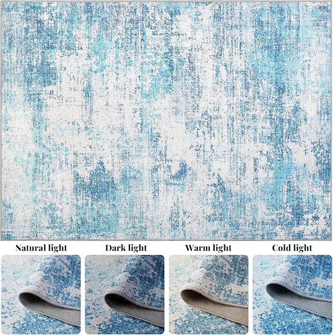 Area Rug Living Room Washable Rugs: 8x10 Modern Neutral Abstract Low Pile Non Slip Floor Carpet - Large Soft Thin Stain Resistant Rug for Bedroom Dining Indoor Office Home, Blue
