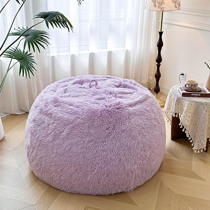 MEGO 5FT Giant Faux Fur Comfy Bean Bag Chair Cover (No Filler), Oversized Soft Fluffy Lazy Sofa Bed Cover Light Purple, Anti-Slip Fuzzy Beanbag Cover for Adults Kids Girls Teens, Lavender