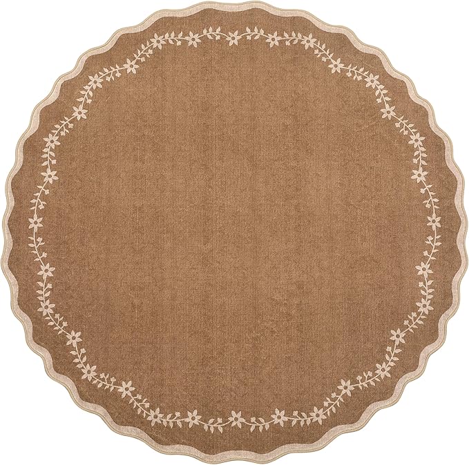 GarveeHome Round Area Rugs 5ft for Bedroom, Solid Brown Washable Circle Rug Soft Non Slip Floral Print Floor Mat Carpet Indoor Thin Rug for Kids Room Dining Room Playroom Nursery