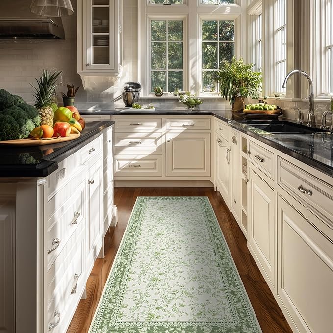Light Green Kitchen Rug 3x8 Modern Vintage Boho Farmhouse Unique Floral Sage Cream Beige Peony Lily Sketch Style, Washable Low Pile Non-Slip Extra Long Wide Runner Rugs for Hallway 8 ft Long