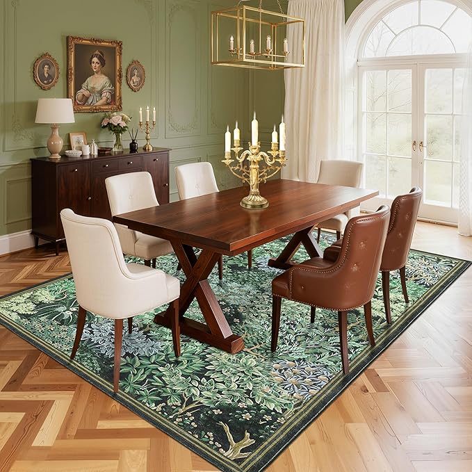 GarveeHome Forest Rugs 8x10, Blue Green Washable 8x10 Area Rug for Living Room, Botanical Low Pile Non Slip Stain Resistance Large Carpet for Office Dining Room, Farmhouse