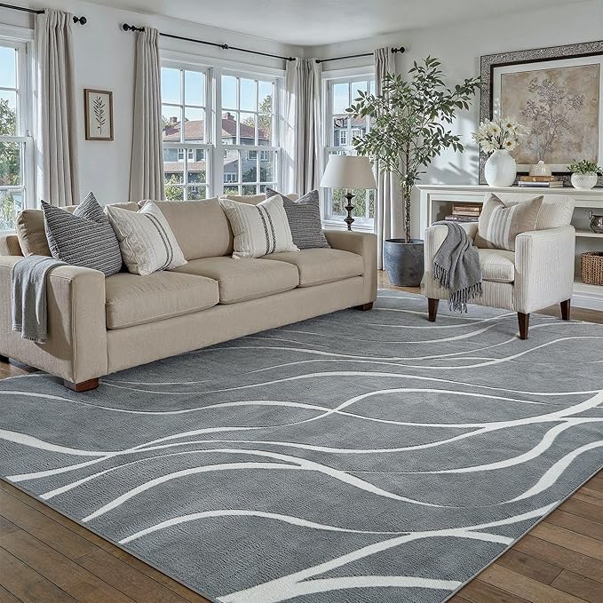 HUGEAR Shag Area Rug 6x9 Grey & Ivory Washable Living Room Bedroom Rug Non Slip Non-Shedding Soft Plush Medium Pile Large Throw Carpet for Home Office Aesthetic Modern Decor