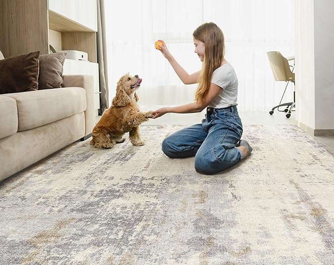 Area Rug Living Room Rugs - Washable Neutral Modern Abstract Soft Thin Large Rug Indoor Floor No Slip Rug Carpet for Bedroom Under Dining Table Home Office Decor-Light Brown/Gray-7'x 9'