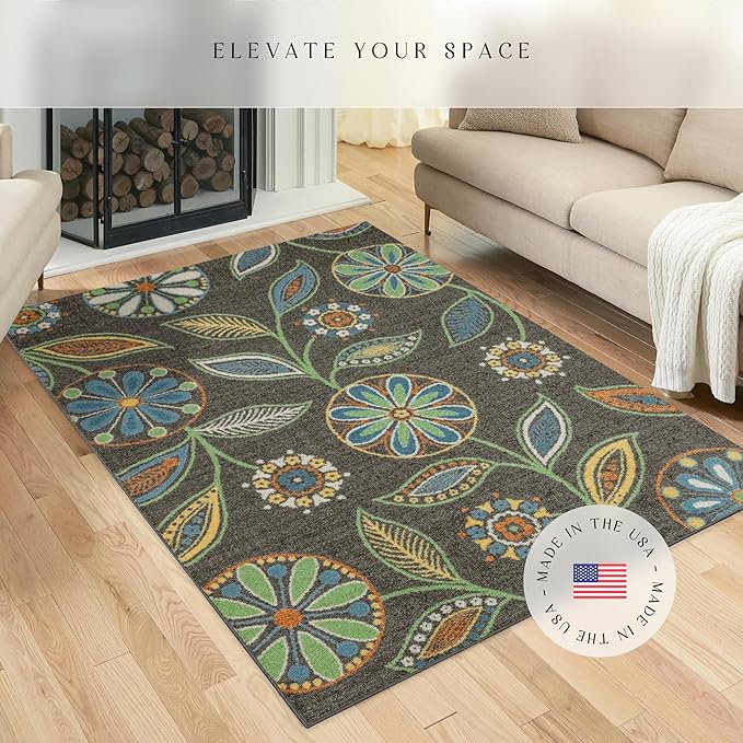 Maples Rugs Reggie Floral Area Rug - Made in USA - Low Pile, Non Slip, Pet-Friendly Mat for Living Room, Bedroom, and Office, 5' x 7', Dark Grey