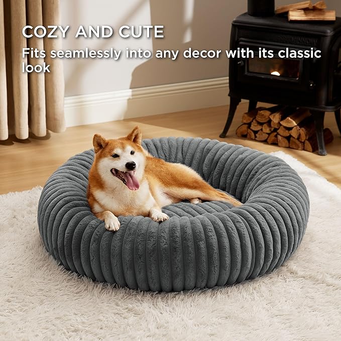 Bedsure ComfyFleece Donut Large Dog Bed - Washable Faux Fur with Corduroy Fleece & Anti Slip Bottom, Round Pet Bed with Removable Cover, Warm Grey, 36x36x8 inches