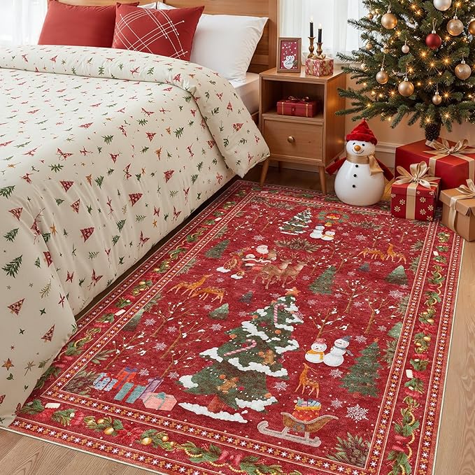 Christmas Area Rug Living Room Rugs: 4x6 Neutral Modern Washable Festive Soft Thin Non-Slip Indoor Carpet for Bedroom Dining Table and Home Office Holiday Decor - Red