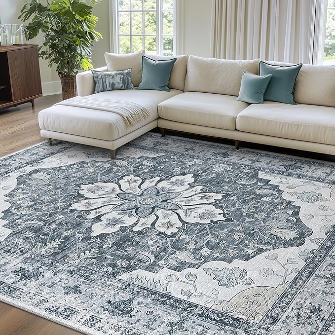 Area Rugs 6'x9' Washable Non-Slip, Floral Vintage Distress Print Pattern Medallion Carpet for Living Room Bedroom Dining Room, Light Gray Grey White