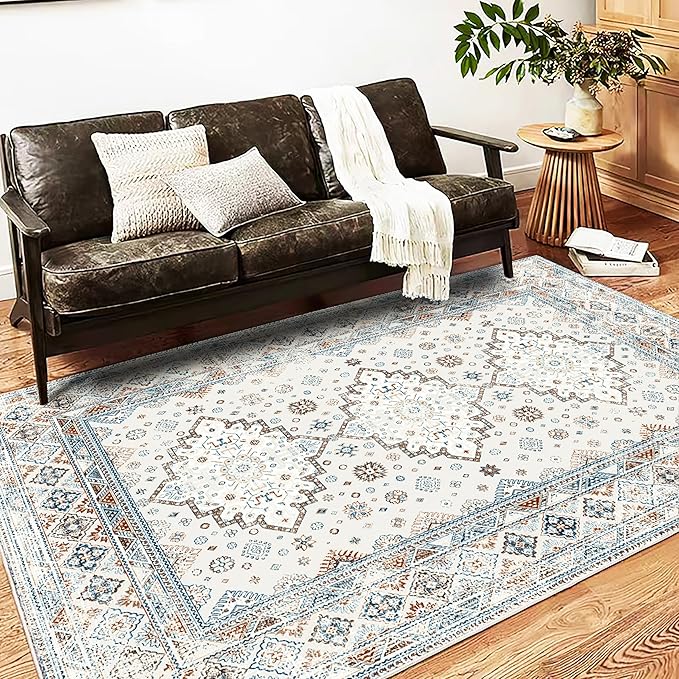 Washable Area Rug 5x7 Retro Boho Chic Medallion Distressed Design for Living Room Indoor Non-Slip Large Oriental Accent Throw Rug for Kitchen Entryway Bedroom Office Rug