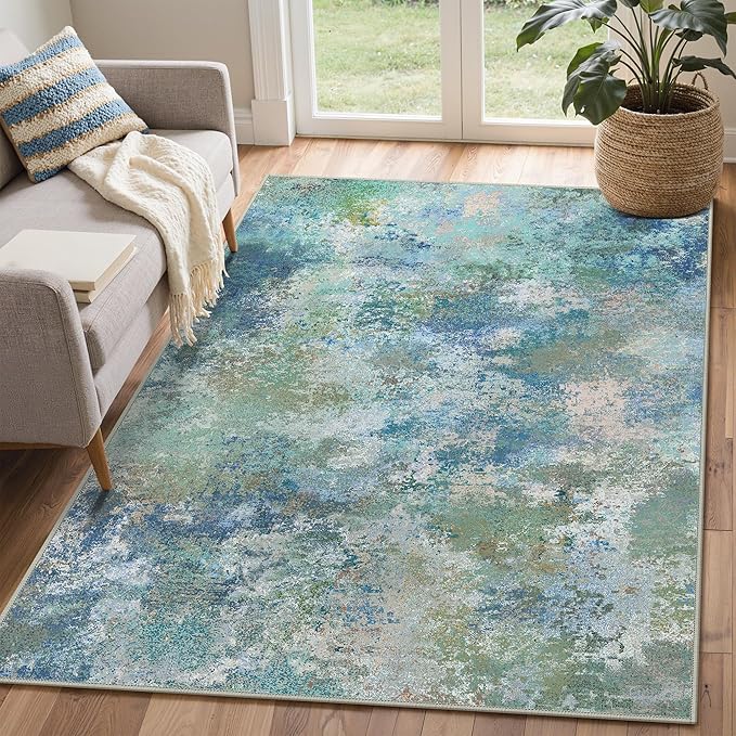 Area Rugs 4x6 for Living Room Bedroom, Modern Abstract Machine Washable Rug, Large Soft Low Pile Floor Carpet with Non Slip Backing for Dining Room, Blue Green