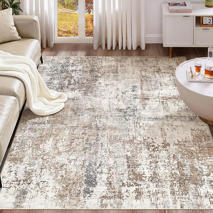Area Rug Living Room Rugs - Washable Neutral Modern Abstract Soft Thin Rug Indoor Floor No Slip Rug Carpet for Bedroom Under Dining Table Home Office Decor - Brown/Grey/Red - 8x10