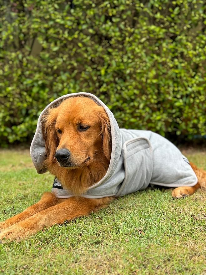 Tuff Pupper Fast Drying Dog Bath Robe | 800 GSM Plush Dog Towel Bathrobe/Dressing Gown | Super Absorbent Pet/Puppy Bathrobe | Adjustable Hood & Belly Strap | Super Soft | Fast Drying (XXL, Gray)