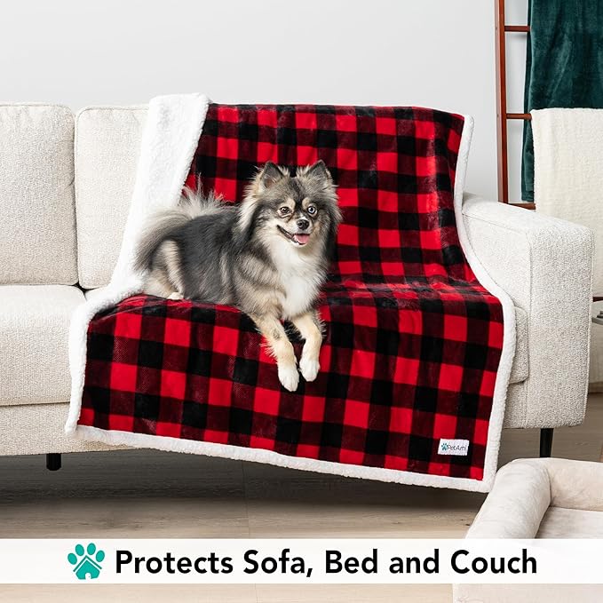 PetAmi Dog Blanket for Medium Large Dogs, Pet Bed Blanket Cat Puppy Kitten, Fleece Furniture Couch Cover Protector Sofa Car, Soft Sherpa Dog Throw Plush Reversible Washable, 40x60 Checker Red