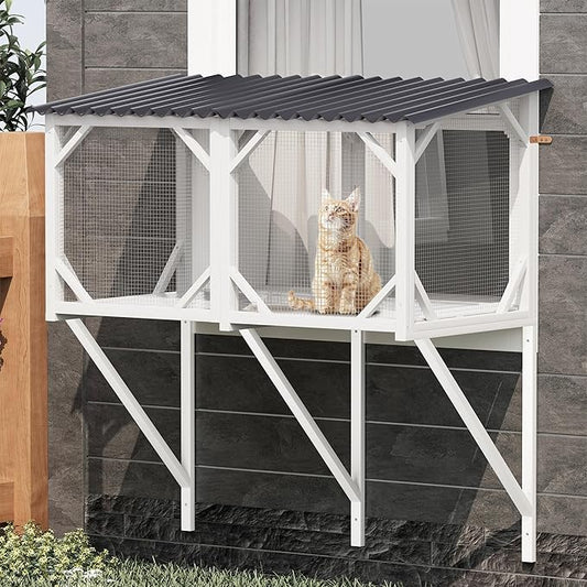 Cat Window Perch, Cat Catio for Large Indoor Cats, Outdoor Pet House Weatherproof, Catio Outdoor Enclosure, Space-Saving Pet Furniture for Window Naps and Sunbathing (Ancient White, 43.3)