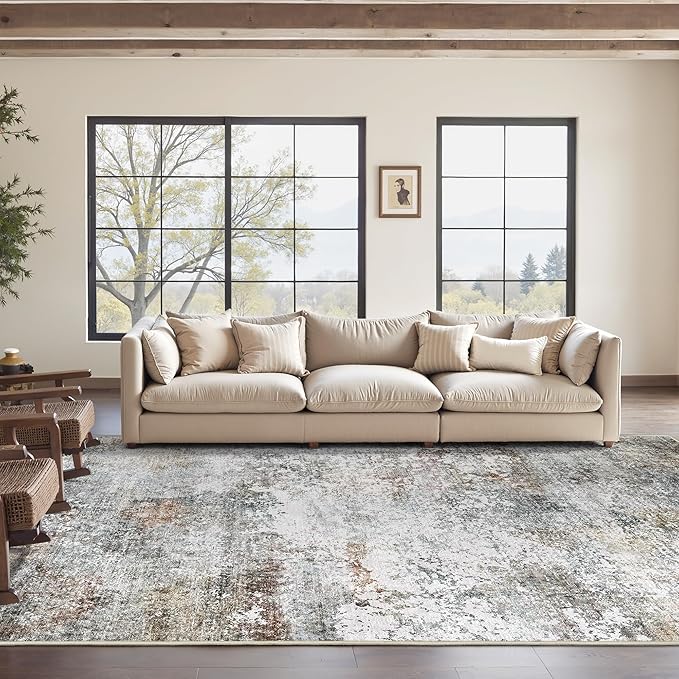 Art&Tuft Washable Rugs 5x7 - Stain Resistant Anti-Slip Backing Abstract 5x7 Area Rugs for Living Room, Foldable Machine Washable Area Rug(5'x7', Grey/Rust)