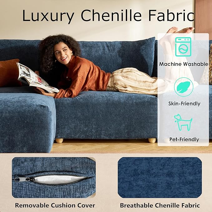 LINSY HOME Cloud Couch Sectional, Modular Sofa Sectionals for Living Room Bedroom, 91" L Shape Love Seat Couch with Ottoman, 2 Seater Deep Seat Cozy Couch Luxury Chenille Sofas, Blue