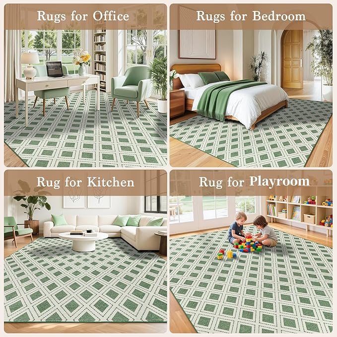 LBRO2M Checkered 9X12 Area Rug for Living Room Washable Rugs for Bedroom Dining Room Non Slip Modern Rugs Easy Clean, Soft, Stain Resistant Carpet Great for Pets and Family (9'X12' Green)