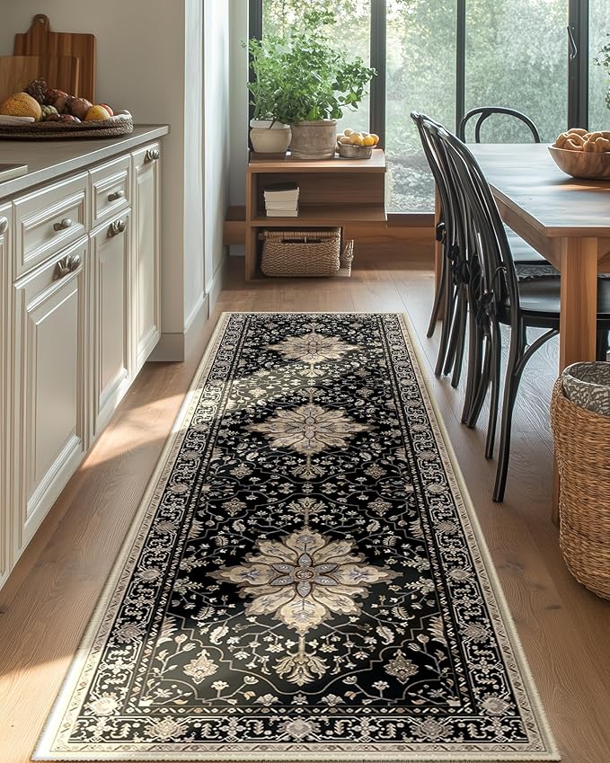 Area Rugs 2'x6' Runner Rug Non Slip Washable for Kitchen Hallway Bedroom Beside Laundry Room Bathroom Rug, Floor Carpet, Black Brown Neutral Dark Tan