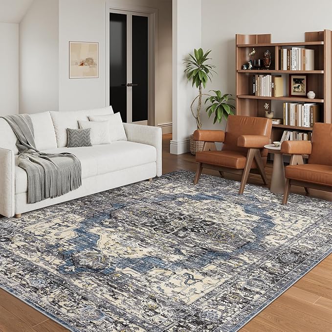 8x10 Area Rugs for Living Room, Stain Resistant Neutral Washable Rugs for Dining Room, Floral Vintage Non-Slip Thin Large Size Area Rug (Blue/Black)