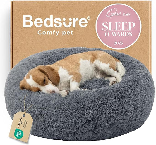 Bedsure Calming Dog Bed for Medium Large Dogs - Donut Washable Large Pet Bed, 33 inches Anti-Slip Round Fluffy Plush Faux Fur Dog Bed, Dark Grey