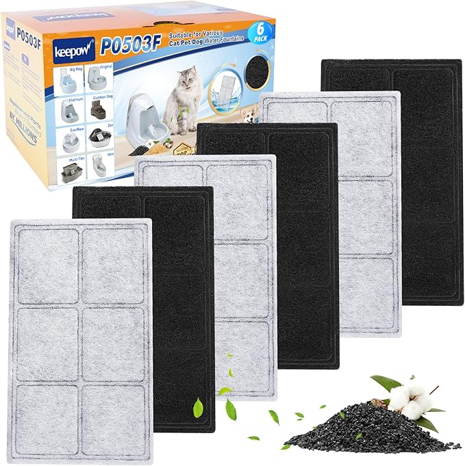 KEEPOW Replacement Carbon Filters for PetSafe Drinkwell Fountain, Pet Water Fountain Filters for Drinkwell Platinum, Zen, Original, Multi-Tier, Mini, Outdoor, Big dog and Everflow, 6-Pack Filter