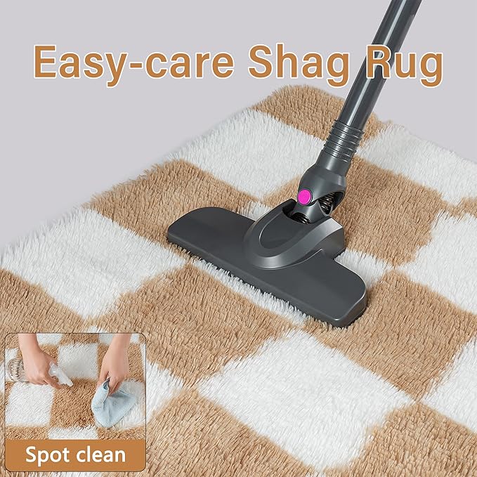 Checkered Rug 8x10 for Living Room, Brown and White Modern Shag Rugs Super Soft Washable Indoor Office Fuzzy Carpet Non-Slip Fluffy Rugs for Bedroom Home Aesthetic Decor