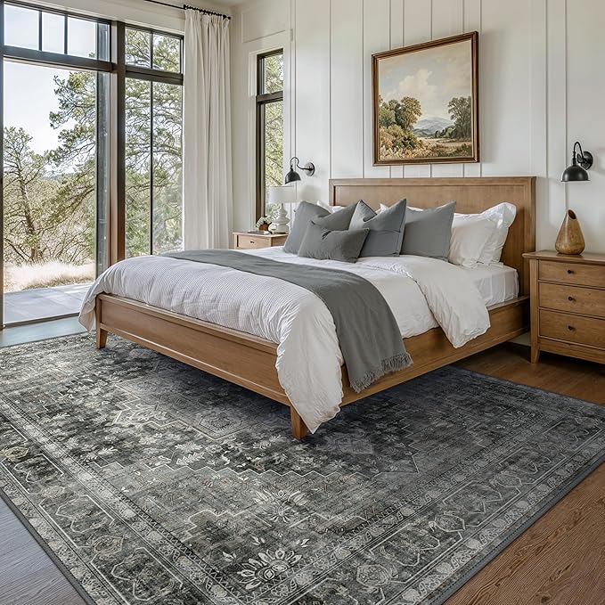 GENIMO 5x7 Area Rugs for Living Room, Machine Washable Non Slip Vintage Rugs, Low Pile Lightweight Chenille Print Rug for Bedroom, Dining Room, Home Office,Charcoal Gray