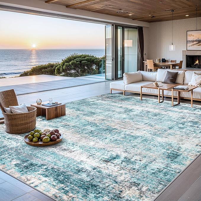 Area Rugs Living Room Rug - 5x7 Washable Modern Abstract Soft Neutral Non-Slip Carpet Large Indoor Floor Thin Carpets for Bedroom Dining Room Farmhouse Nursery Home Office Green