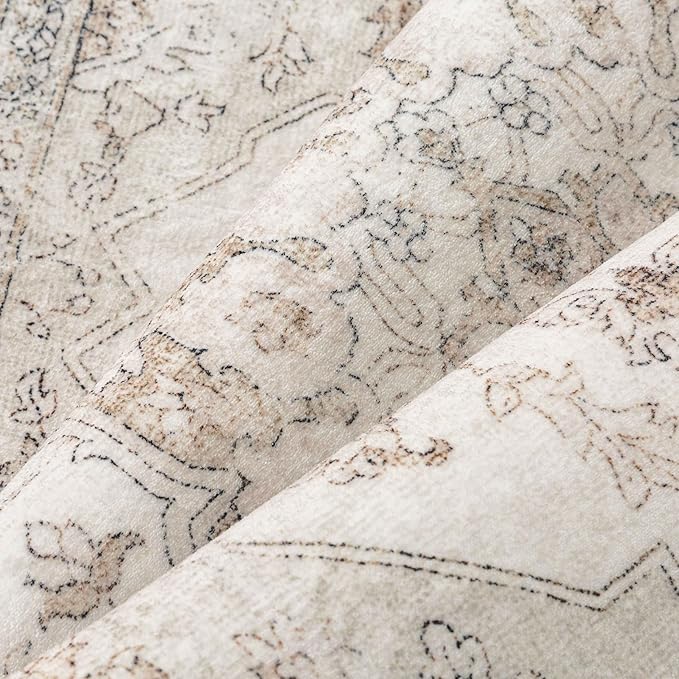 Beige Runner Rug 2'6"x10' Washable Vintage Carpet Hallway Kitchen Soft Retro Low Pile Thin Indoor Bedroom Non Slip Oriental Medallion Long Throw Rug for Bathroom Laundry Dining Room