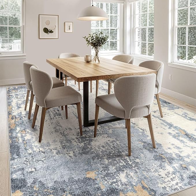 8x10 Area Rug Living Room Rugs - Washable Neutral Modern Abstract Soft Thin Rug Indoor Floor No Slip Rug Carpet for Bedroom Under Dining Table Home Office Decor - Blue/Light Brown