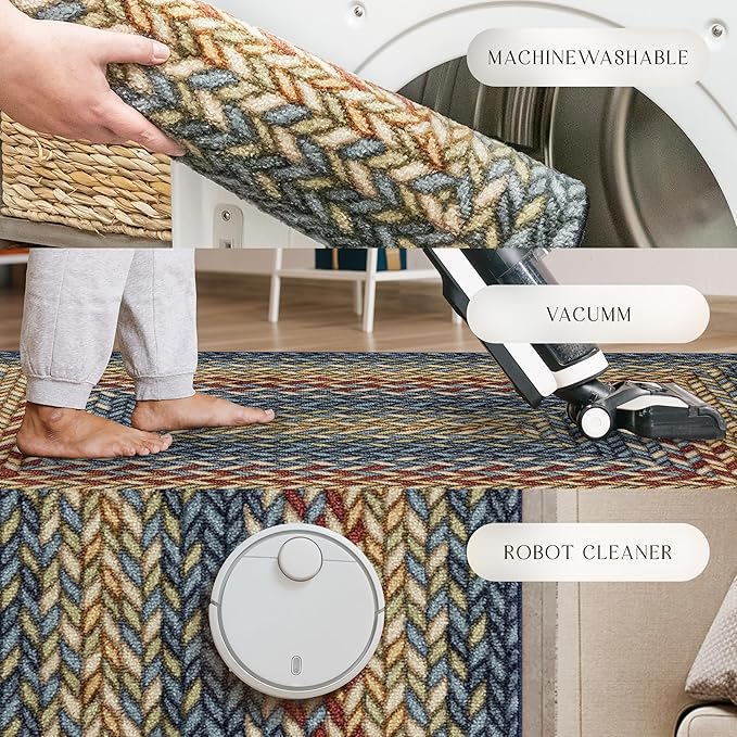 Maples Rugs Marion Bohemian Braided-Style Print Runner Rug ??Made in USA ??Washable, Non-Slip Indoor Runner for Hallway, Kitchen, and Laundry Room, 2' x 6', Multi-Color