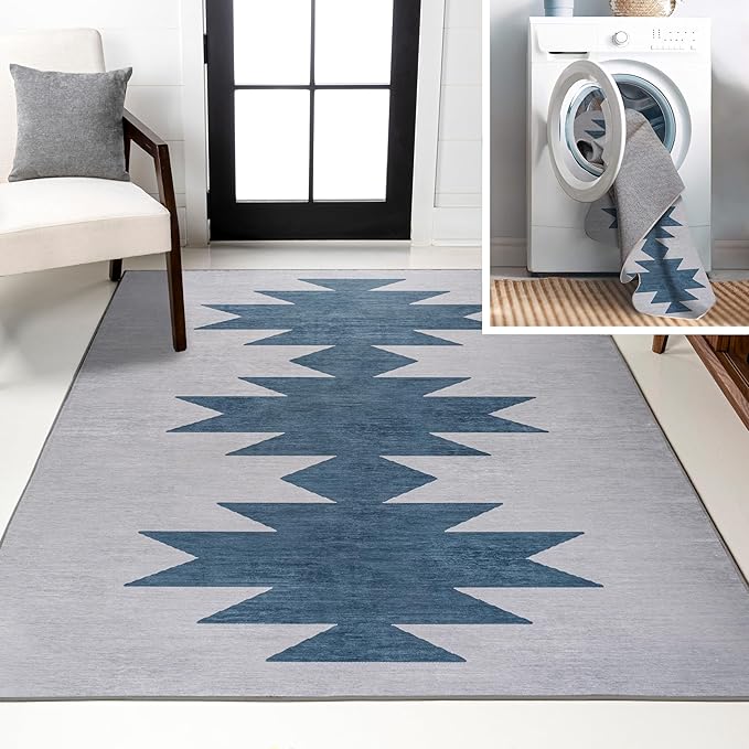 JONATHAN Y Machine Washable Gray/Blue Indoor Area Rug 4X6 ft, Chayton Minimalist Geometric for Living Room, Bedroom, Kitchen, Office, Easy-Cleaning, High Traffic, Pet-Friendly, Non-Shedding WSH110D-4