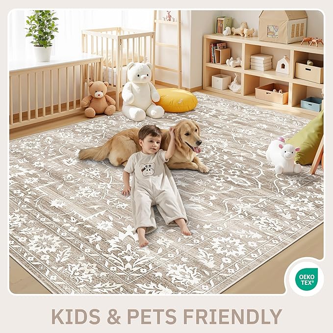 5x7 Area Rugs for Living Room, Washable Vintage Floral Non-Slip Low Pile Natural Rug Soft Throw Carpet for Dining Room Bedroom Home Office Nursery (Light Brown, 5'x7')