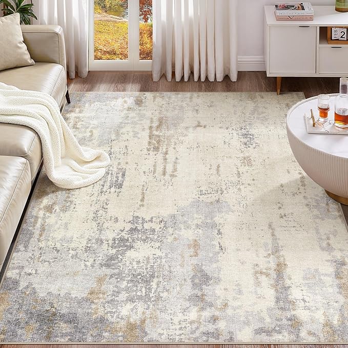 Area Rug Living Room Rugs - Washable Neutral Modern Abstract Soft Thin Large Rug Indoor Floor No Slip Rug Carpet for Bedroom Under Dining Table Home Office Decor-Light Brown/Gray-7'x 9'