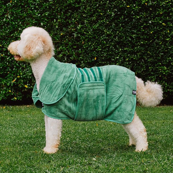 Tuff Pupper Fast Drying Dog Bath Robe | 800 GSM Plush Dog Towel Bathrobe/Dressing Gown | Super Absorbent Pet/Puppy Bathrobe | Adjustable Hood & Belly Strap | Super Soft | Fast Drying (XXXL, Green)