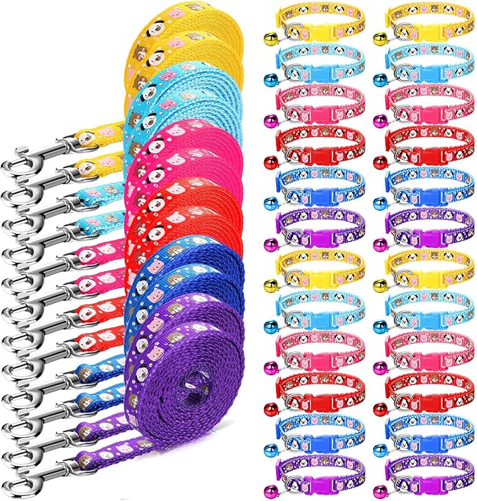 Amylove 48 Pcs Dog Collar and Leash Set, Polypropylene Adjustable Puppy Collars for Medium Dogs Small Pet Puppy Walking Training with Hook and Buckle(Vivid Color,Animal Pattern)