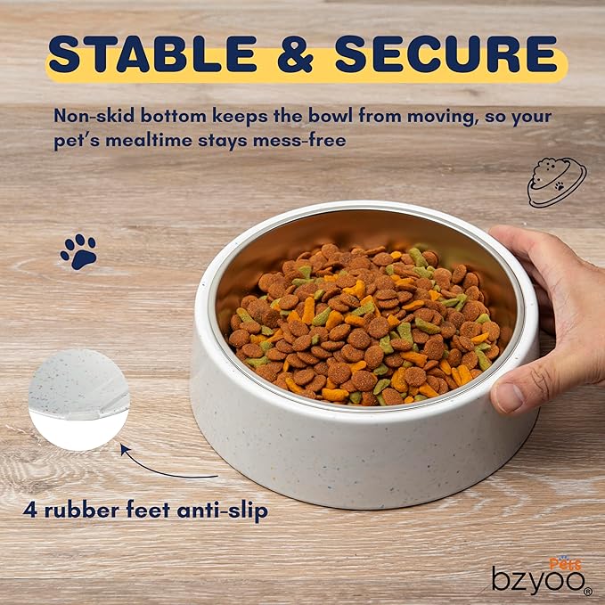 bzyoo 32oz 4CUP Elevated Dog & Cat Bowl, Sprinkle Design, Slanted Stainless Steel Pet Bowl with Removable Inner Bowl, Non-Slip Silicone Base, Dishwasher Safe, for Dry/Wet/Raw Food & Water White