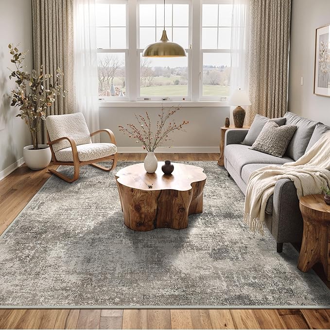 Area Rugs 10x14 for Living Room Bedroom, Modern Abstract Machine Washable Rug, Large Soft Low Pile Floor Carpet with Non Slip Backing for Dining Room, Grey