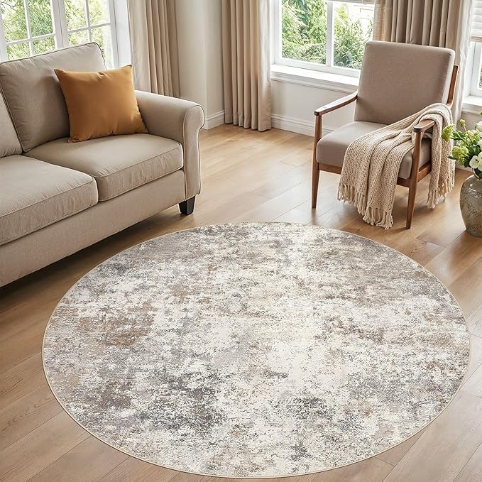 6ft Round Area Rug Living Room Rugs - 6x6 Washable Neutral Modern Abstract Soft Thin Rug Indoor Floor No Slip Rug Carpet for Bedroom Under Dining Table Home Office Decor - Brown Grey