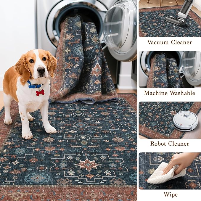 LBRO2M Farmhouse Washable Rugs 5X7 for Living Room Bedroom Vintage Non Slip Rugs Easy Clean, Low Piles Stain Resistant Carpet Distressed Area Rug Great for Pets and Family (5'X7' Distressed Blue)