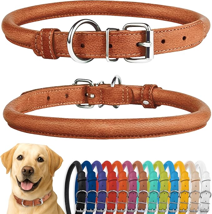 CollarDirect Rolled Leather Dog Collar, Soft Padded Round Puppy Collar, Handmade Genuine Leather Collar Dog Small Large Cat Collars Black Pink Red Purple Blue (Fits 16"-20" Neck, Brown)