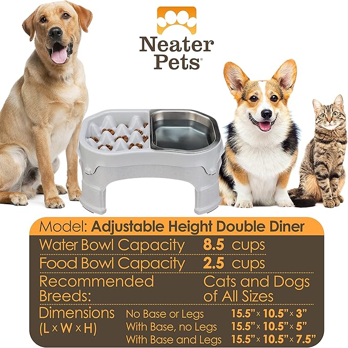 Neater Pet Brands – Neater Raised Slow Feeder Dog Bowl – Elevated and Adjustable Food Height - (Double Diner/w Metal Bowl, Vanilla Bean)