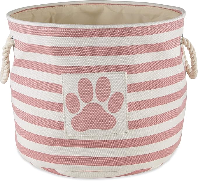 Bone Dry Pet Storage Collection Striped Paw Patch Bin, Rose, Small Round