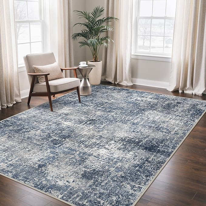 GENIMO Washable Area Rugs for Living Room, 8x10 Modern Non Slip Rugs, Low Pile Lightweight Soft Print Rug for Bedroom, Dining Room, Home Office, Deep Sea Blue