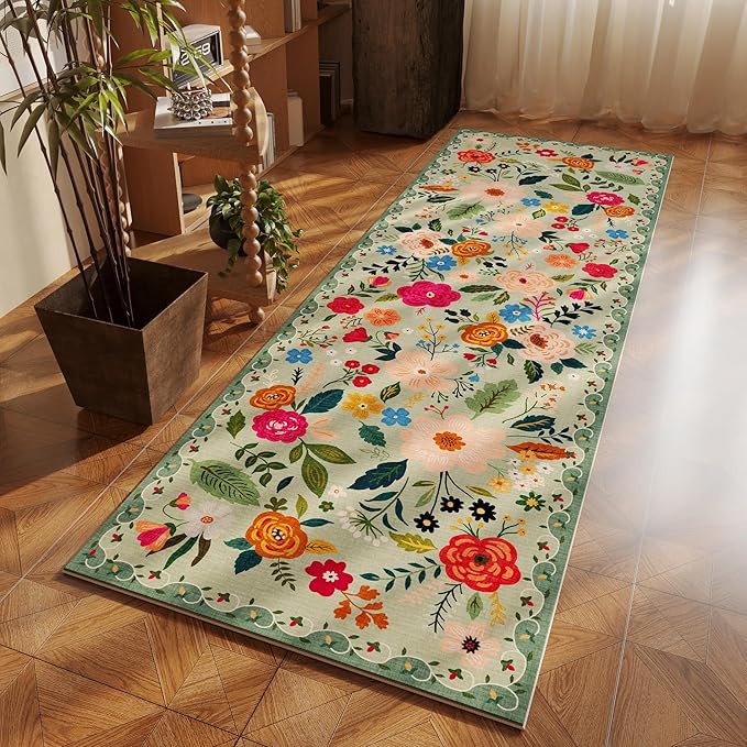 Rugcomf Runner Rug for Hallways Kitchen Rug Non Slip 2'x 6' Washable Rugs with Rubber Backing Soft Floral Carpet Runner for Hallways, Kitchen, Laundry, Bedroom, Bathroom(Green)