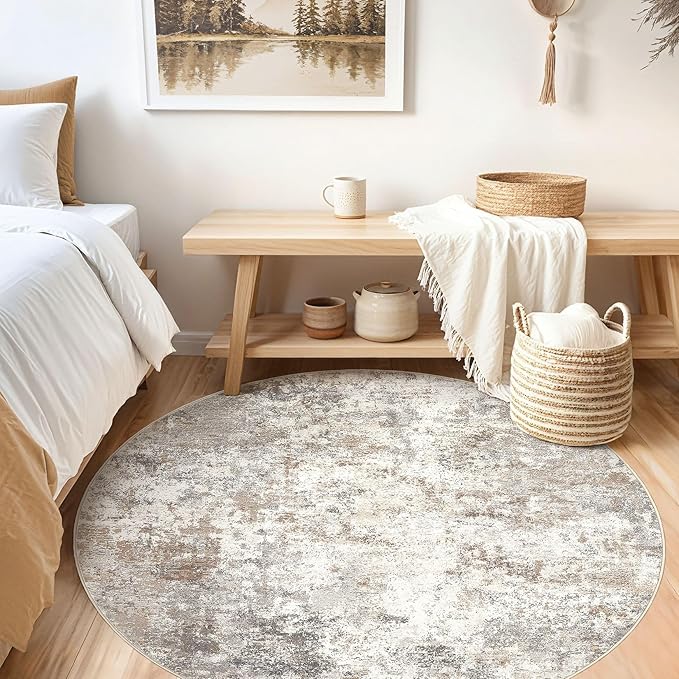 5ft Round Area Rug Living Room Rugs - 5x5 Washable Neutral Modern Abstract Soft Thin Rug Indoor Floor No Slip Rug Carpet for Bedroom Under Dining Table Home Office Decor - Brown Grey