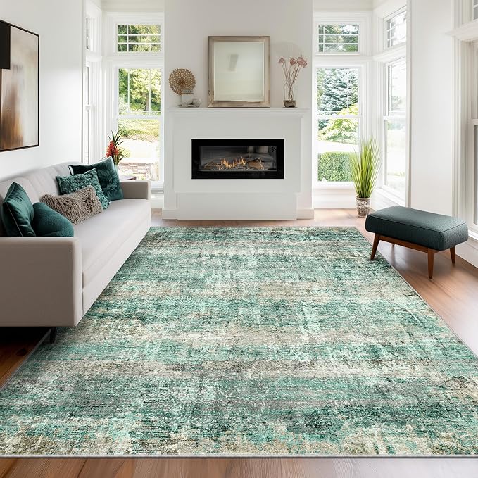 LEPEII 6x9 Area Rugs, Washable Modern Abstract Area Rugs for Living Room, Indoor Neutral Area Rug for Bedroom, Dining Room, Low Pile Non-Slip Non Shedding Rugs-Green